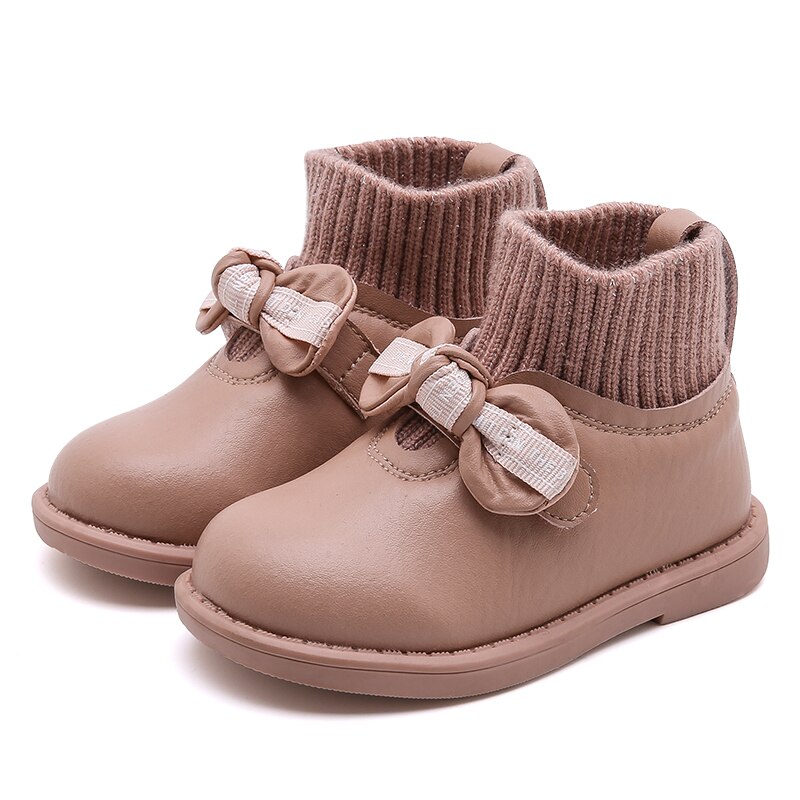 Winter Baby Girls Princess Boots Children Bow Ankle Boots Toddler Slip On Shoes Warm Brand Boots Soft Black Boots Shoes: Pink / 8.5