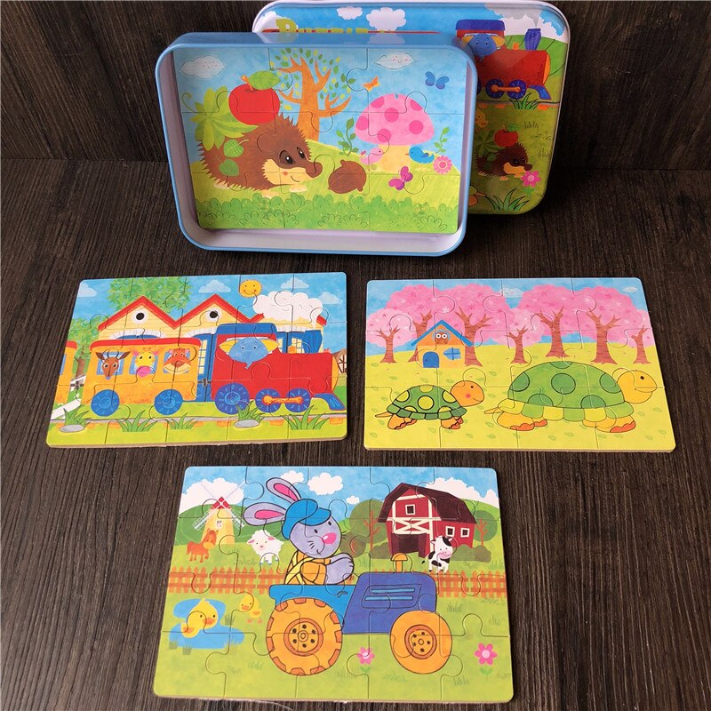 4 In 1 Puzzles 9/12/15/20Pcs Puzzles/Set With Iron Box Wooden Toys For Kids Educational Baby Toys Learning: Tortoise