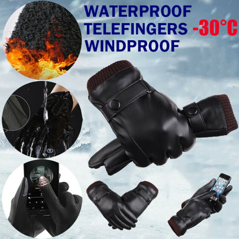 Mannen Vrouwen Winter Warm Handschoenen Winddicht Waterdicht Thermische Touchscreen Mitten PU Lederen Handschoenen