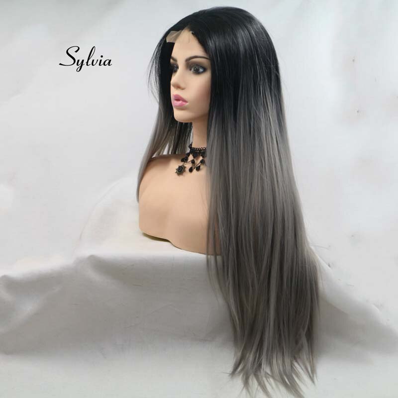 Nicole-Peluca de pelo liso degradado de dos tonos, pelo largo y sedoso de encaje sintético en U, resistente al calor, color negro y gris