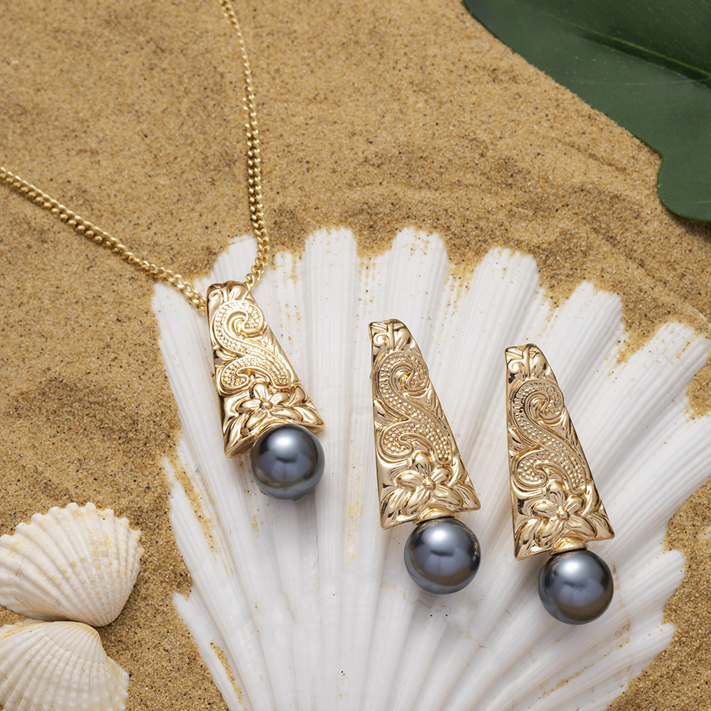 SophiaXuan Hawaiian Jewelry Set Pink Pearl Necklace Polynesian Necklace Samoa Gold Plated Earrings Set for Women: ZH0310GOGR