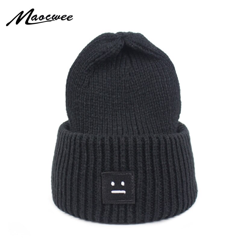 Vinter kvinner strikke lue lue uformell tykk ensfarget varm lue smilende ansiktsmønster strikket hiphop lue mann kvinne