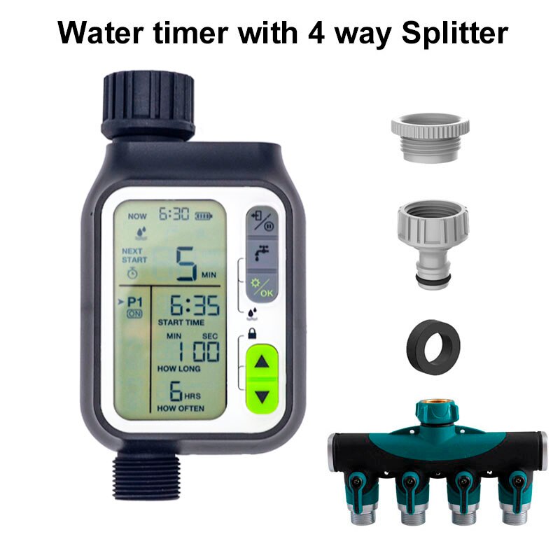 Garden Water Timer Waterproof Watering Timer With Rain Sensor Irrigation Timer Automatic Watering System Irrigation Controller: with 4 way Splitter