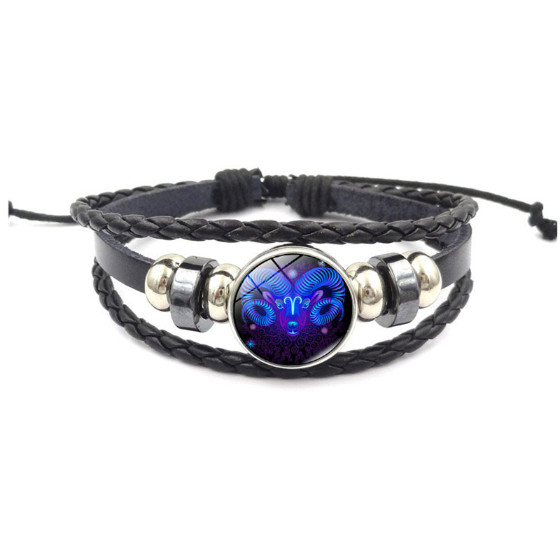 Horóscopo astrología 12 Zodiaco tejido luminoso cuero de vaca cielo estrellado pulsera hombres mujeres Acero inoxidable pulsera joyería: Aries