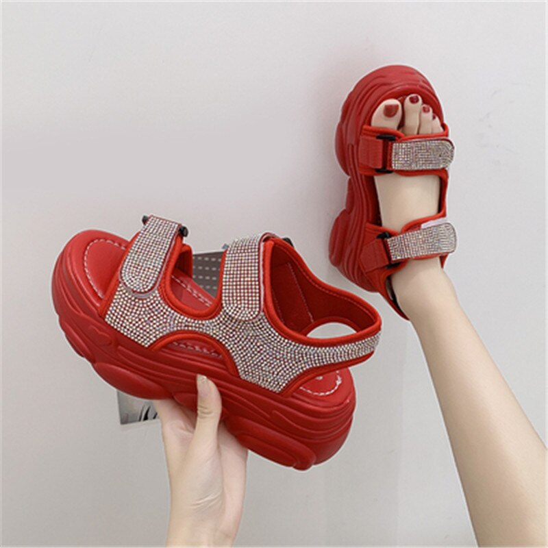 Sandales à talons compensés avec strass pour femmes, chaussures à plateforme, semelle épaisse, noir, blanc, nouvelle été