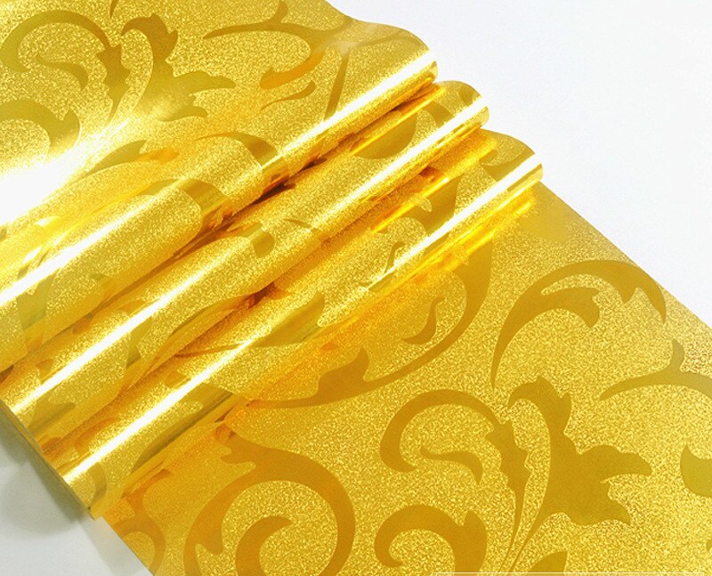 Gold foil wallpaper golden silver European-style ranunculus vetch leaf ceiling living room bedroom TV background wallpaper: Golden