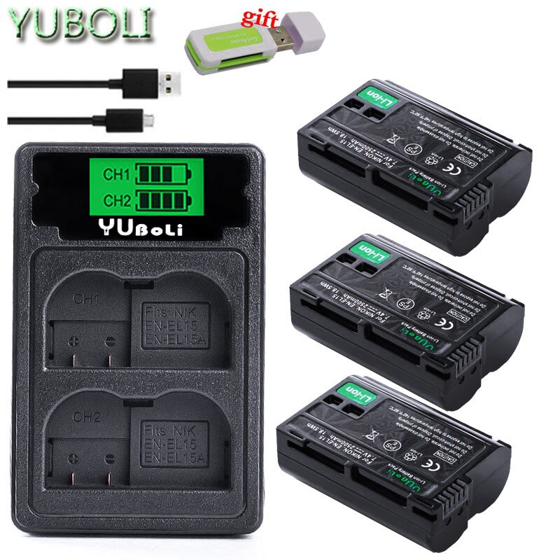 Bateria en  el15 el15a en -el15a enel 15 en-el15 batteri för nikon  d500 d600 d610 d750 d7000 d7100 d7200 d800 d800e d810 d810a & 1 v1: Laddare och 3 batterier