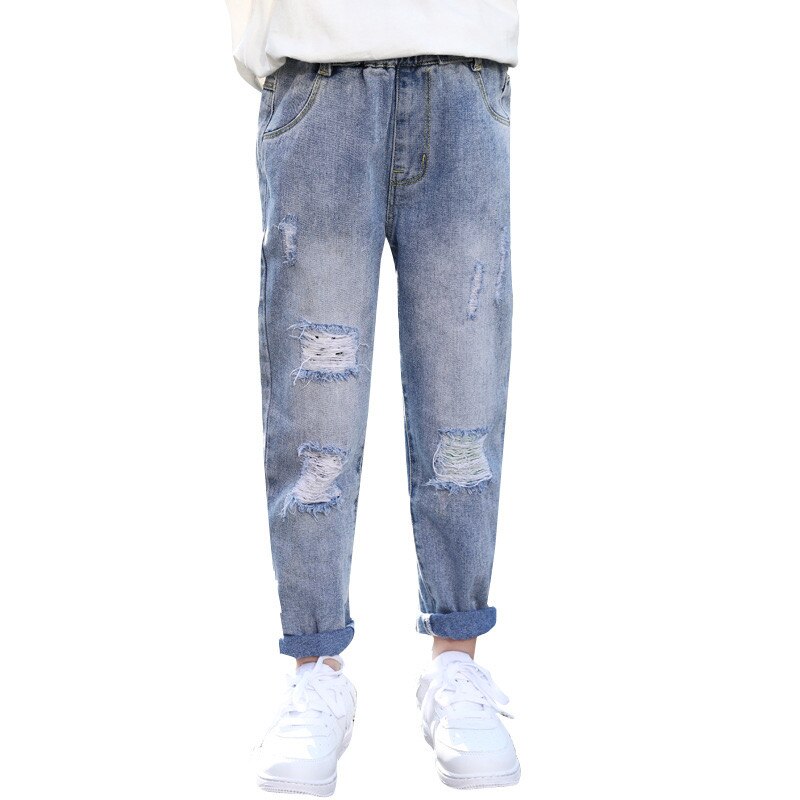 2021 primavera nuovi Jeans tinta unita per bambini ragazza stile coreano stile estero buco moda All-match pantaloni Casual per bambini KJ14