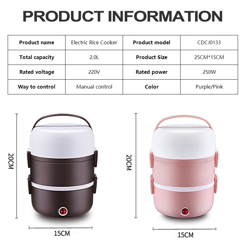 Mini Electric Rice Cooker Stainless Steel 2/3 Layers Steamer Portable Meal Thermal Heating Lunch Box Food Container Warmer 220V