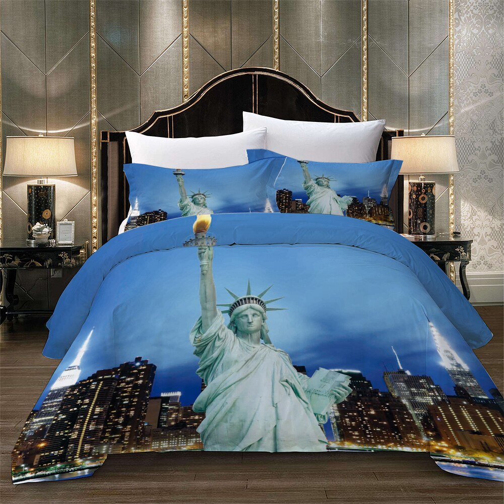 Novelty York City Landschap Vrijheidsbeeld Print Blauw Beddengoed Set Dekbed Dekbedovertrek + Kussensloop ons Au Eu Size