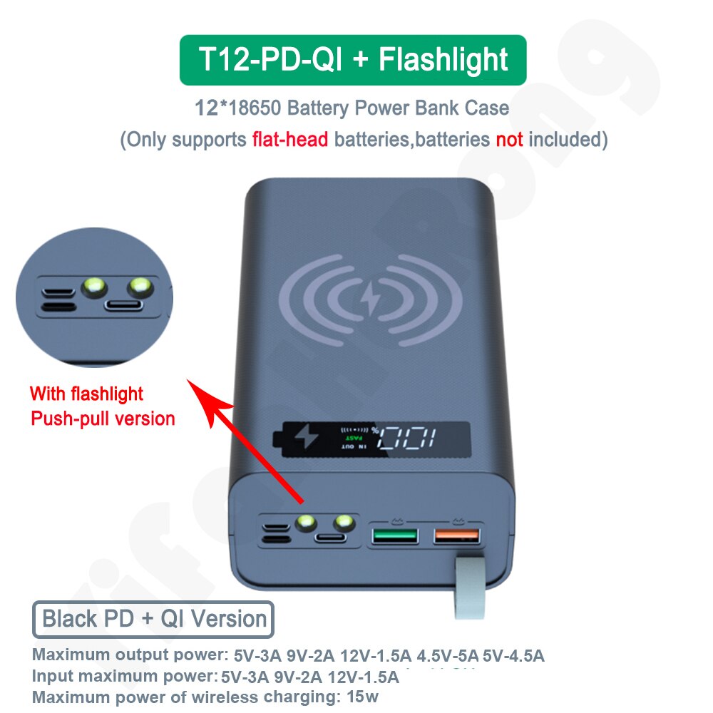 12 x 18650 Flashlight Battery Charger Box Power Bank Holder DIY Shell Case Dual USB 18650 Battery Shell Storage Organize: Quick Wireless Black