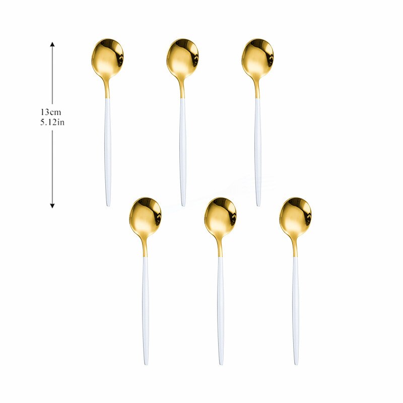 Spoon Silver Stainless Steel Cutlery Set 6pcs Tea Spoon Kitchen Complete Tableware Set Western Silverware Luxury Dinnerware Set: white gold 6pcs