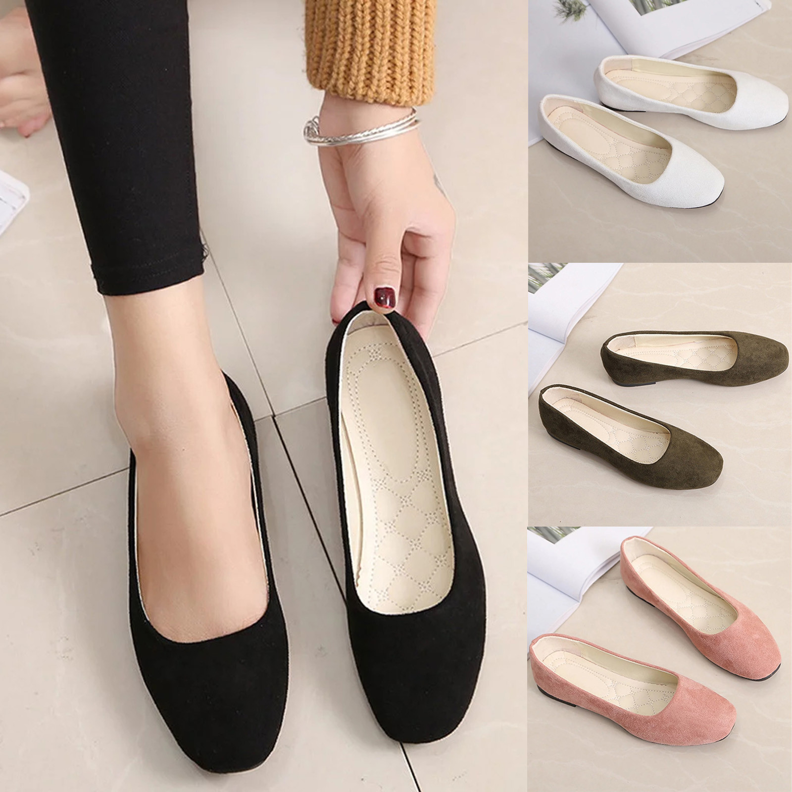 2025 Mocassini in pelle scamosciata da donna Tacco piatto Scarpe femminili poco profonde Primavera Estate Punta quadrata Décolleté da donna concisi di base Taglia 36-43
