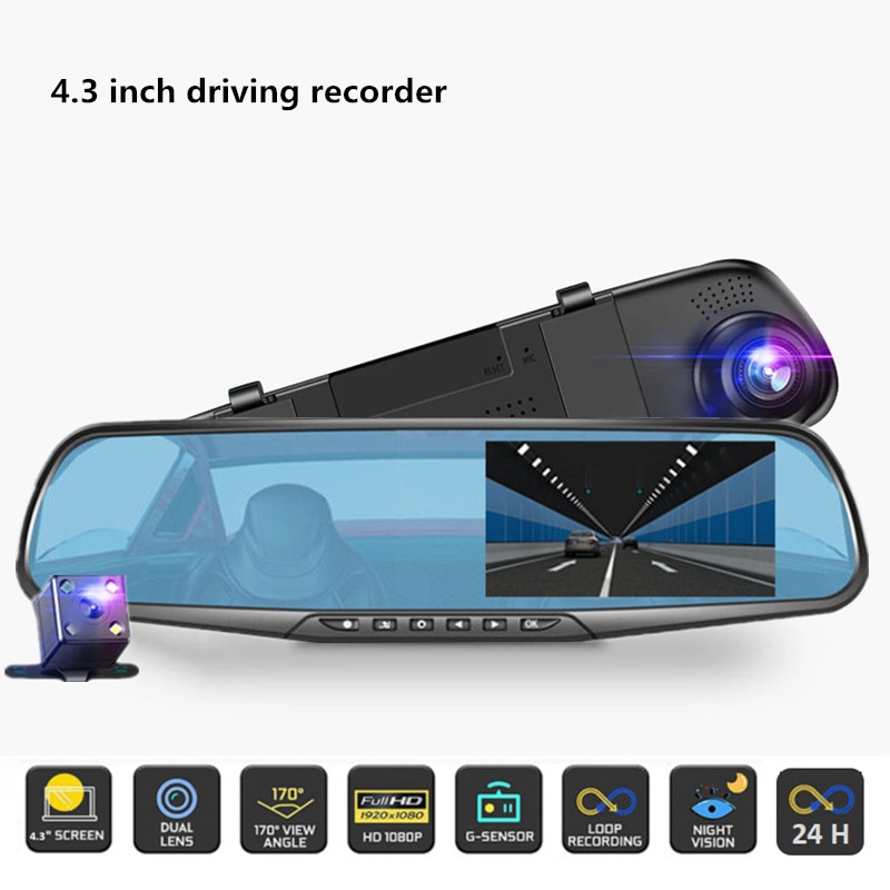 Dash Cam 24H Auto Dvr Dash Camera Achteruitrijcamera Dual Lens 1080P 4.3in Full Hd Cyclus Opname Dash cam Video Recorder Spiegel Dashcam