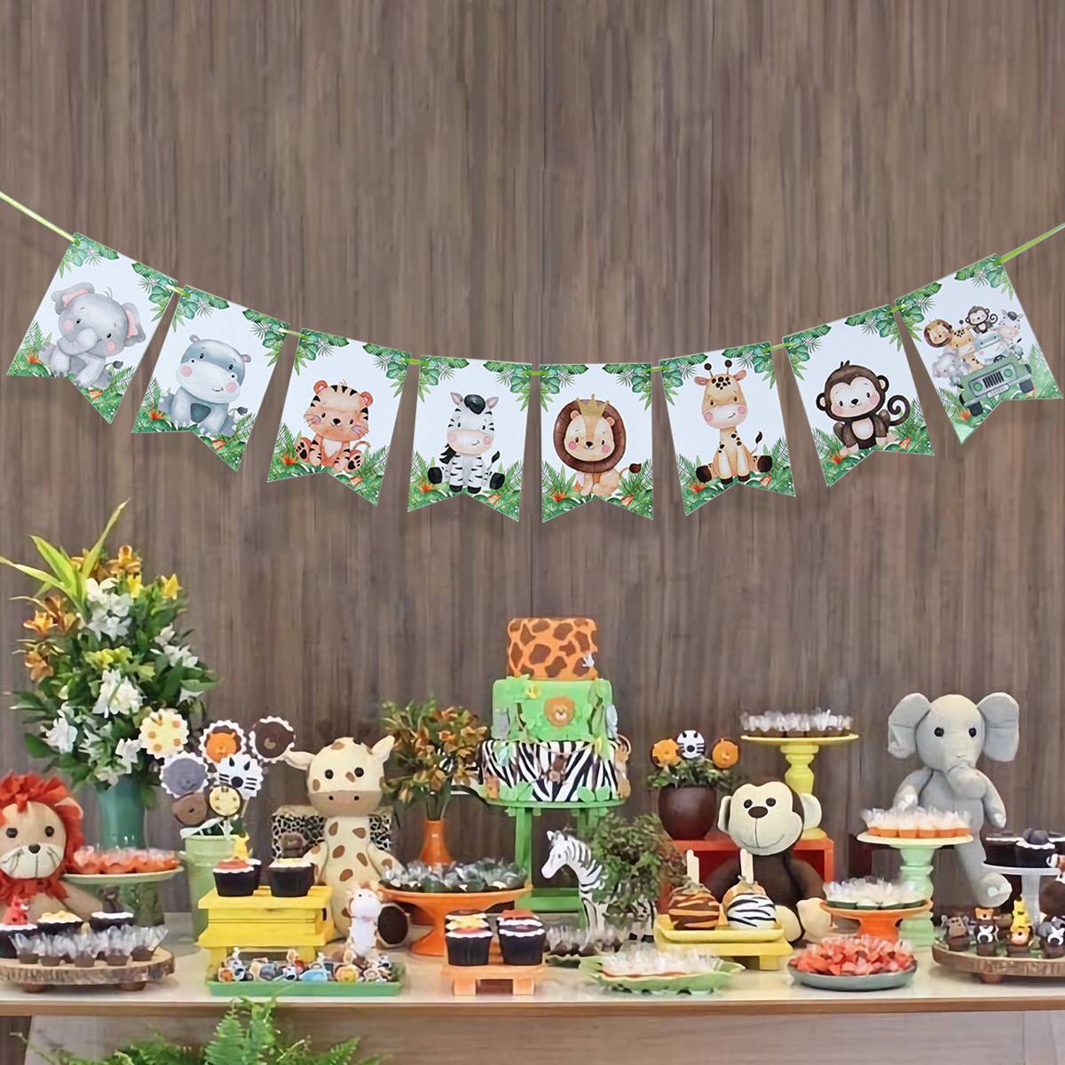 Jungle Party Backdrop Garland Zoo Safari Theme Lion Monkey Dinosaur Animal Bunting Garland Kids Birthday Decor Paper Banner