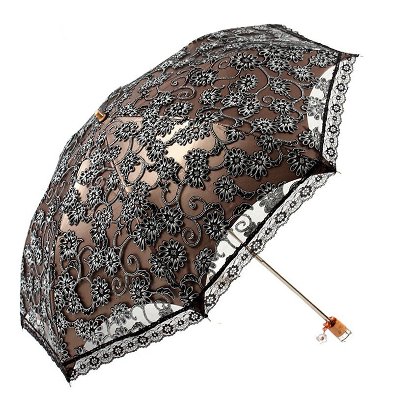 Kant Dames Parasol Parasol Regen Vrouwen Black Uv-bescherming Winddicht Waterdicht 2 Vouwen Meisje Prinses Paraplu: Black