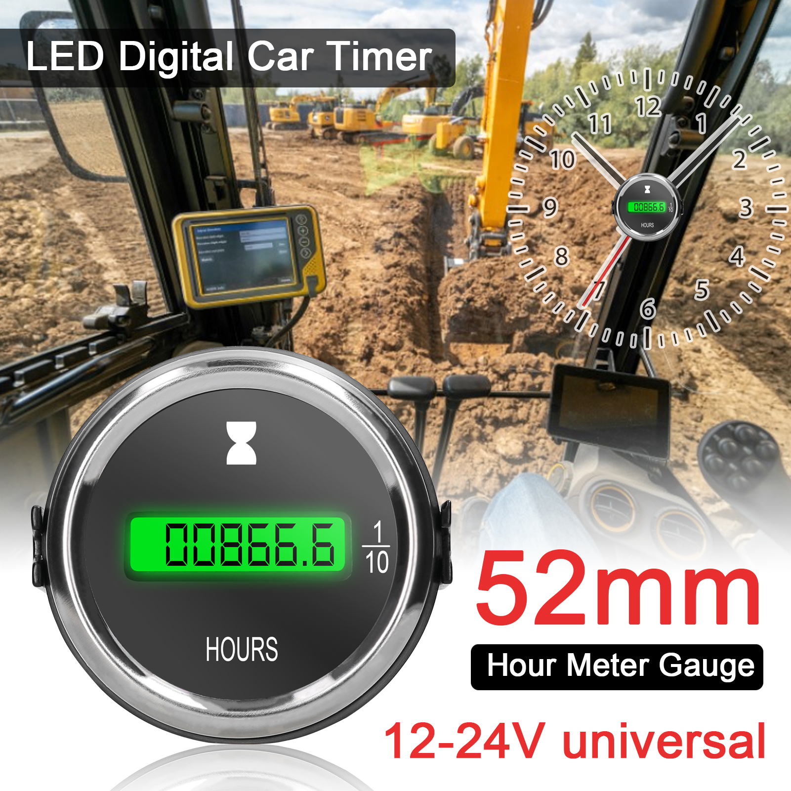 52mm Urenteller Gauge LED Digitale Auto Timer 12/24V voor Auto Vrachtwagen Marine Boot Urenteller Urenteller Gauge Urenteller Timer Gauge