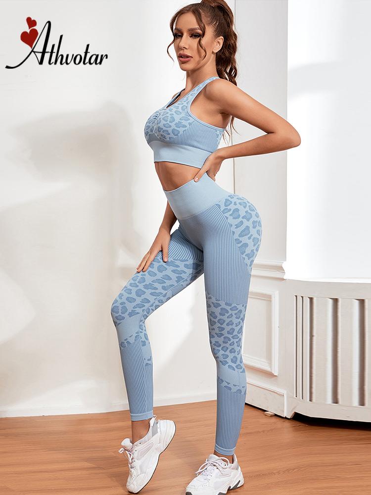 Athvotar Luipaard Print Sport Past Vrouwen Naadloze 2Pcs Yoga Set Hoge Taille Fitness Kleding Sport Outfit Voor Vrouw