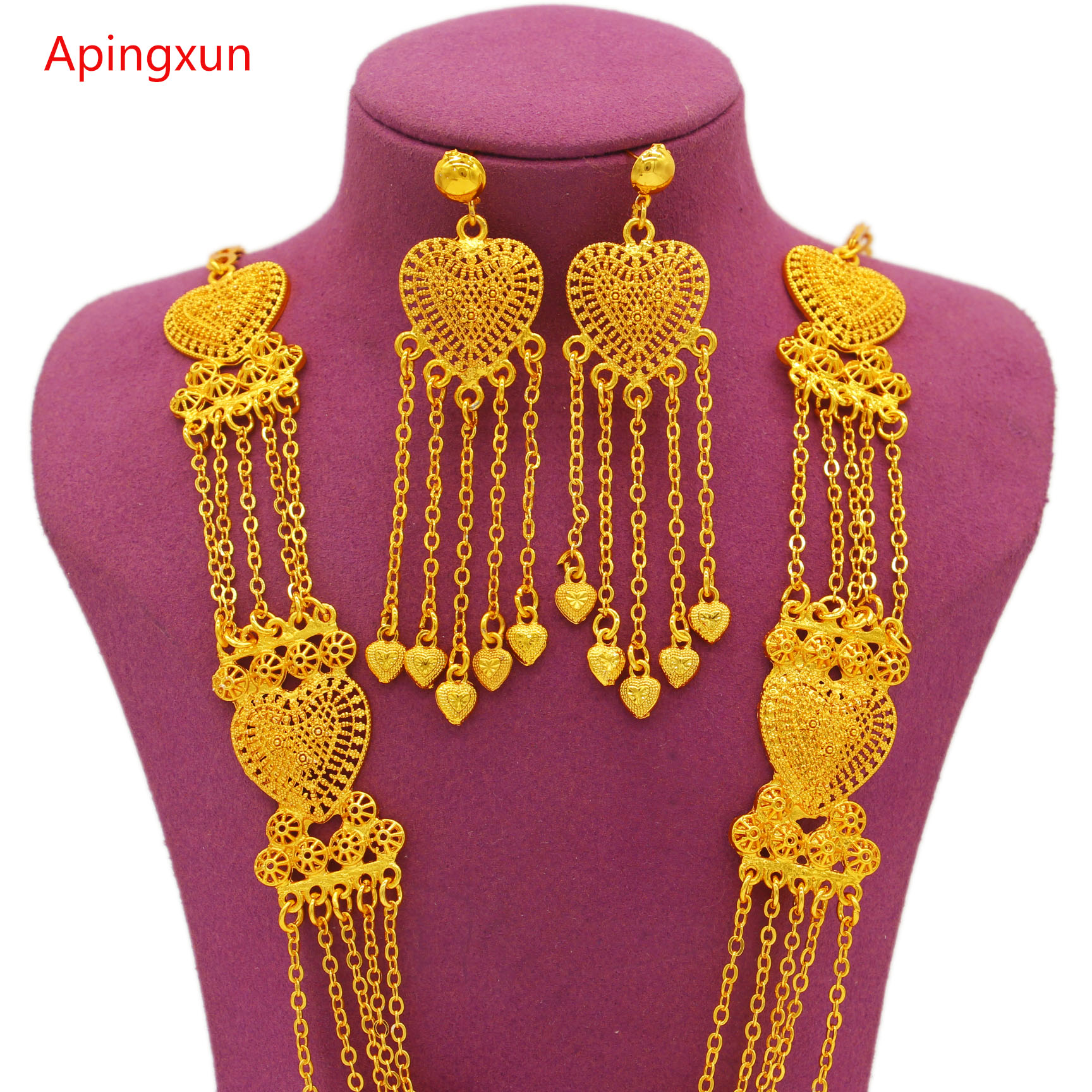 Apingxun 24K Gold Kleur Tassles Ketting &amp; Oorbellen Sieraden Set Afrikaanse Australische Vrouwen Bridal Wedding Charm Sieraden