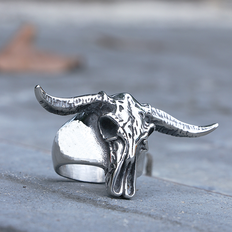 Gotisk rustfritt stål okse hodeskalle ring punk biker menn okse hode dyr ring kule smykker