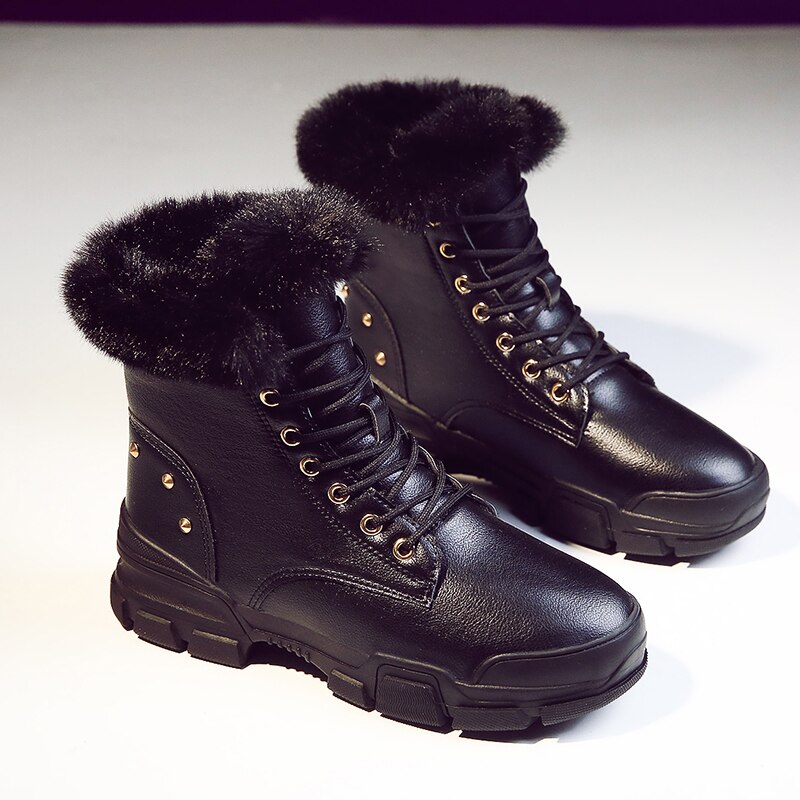 Mode Lederen Bont Gevoerde Vrouwen Casual Korte Enkellaarsjes Winter Laarzen Voor Dames Lace Up Snowboots Schoenen Zwart Wit U357