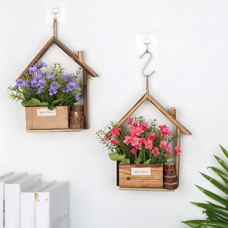 Creatieve Houten Huisvormige Muur Opknoping Decor Bloemenmanden Bloemen Plant Pot Container Woonkamer Home Decoraties Ambachten