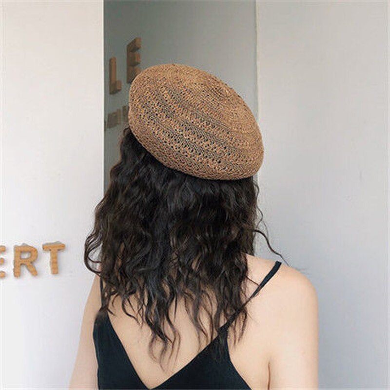 Foux Baret Stro Vrouwen Zomer Mesh Ademende Hoed Gebreide Koreaanse Stijl Franse Baret Dames Vrouwelijke Verstelbare Touw