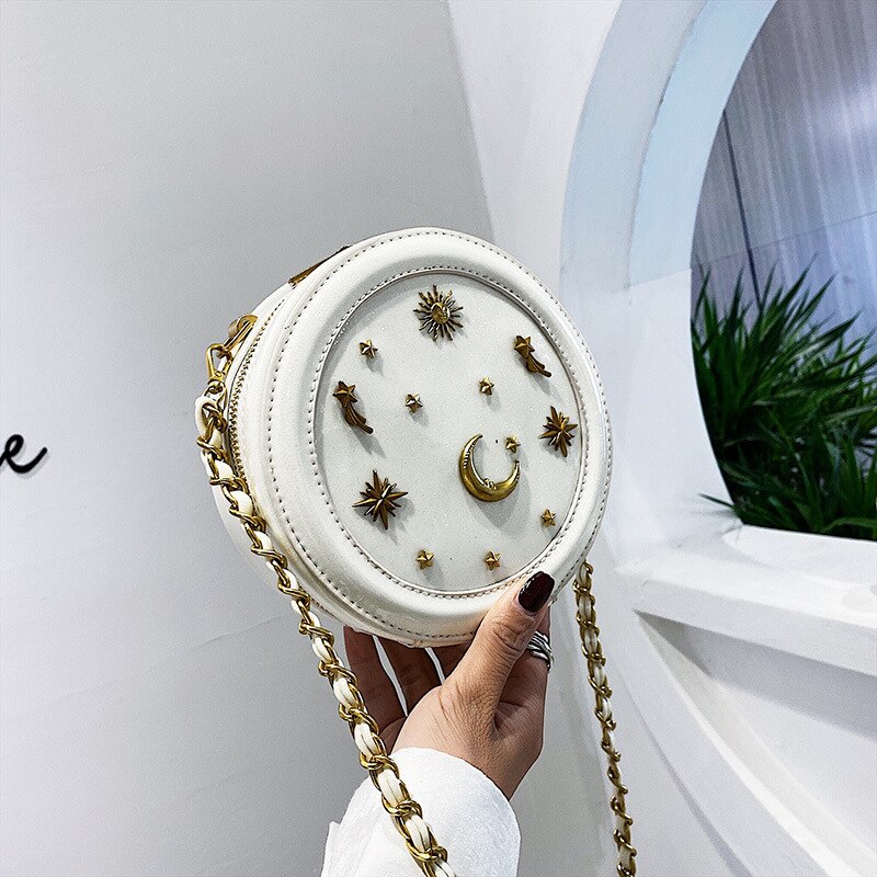 sternenklar Himmel runden Leder Schulter Tasche Pro Frauen Damen Geldbeutel und Handtaschen weiblich kreisförmig Crossbody Bote Tasche: Weiß