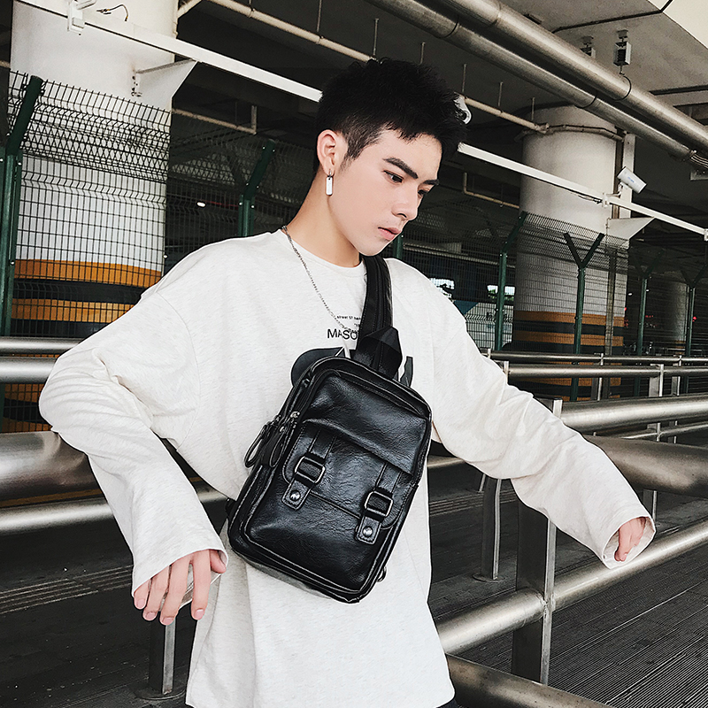 Black Leather PU Small Backpack for Men Multi-function Travel Shoulder Chest Bag Casual Sport Male Sling Bag Mochila Hombre