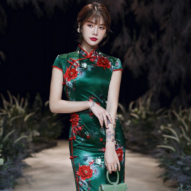 S-5XL Vrouwen Chinese Qipao Jurken Zomer Oosterse Cheongsam Chipao Lange Zijden High Green Rayon Elegante Avondjurk