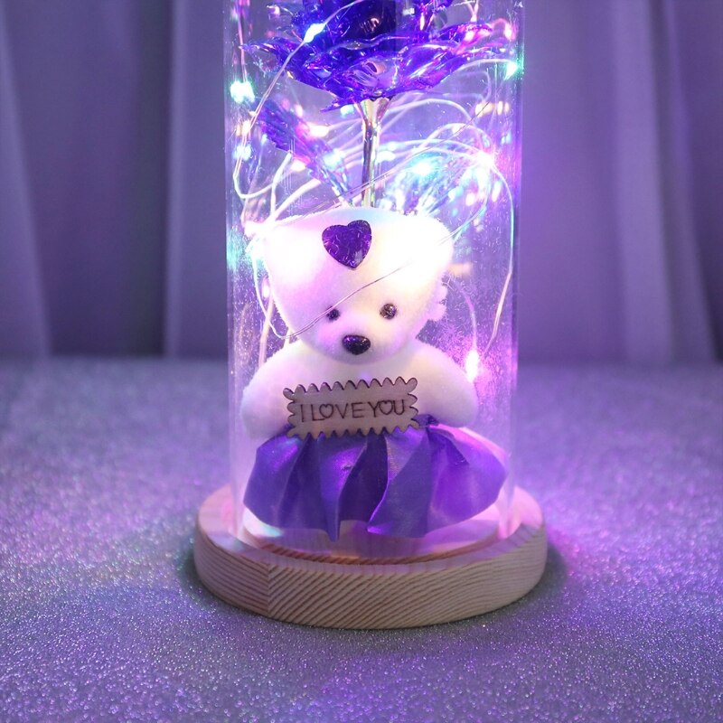 Gold Foil Rose Flower Bear in Glass Dome with LED Night Light Mothers Day Valentine's Day Wedding Party Decoration
