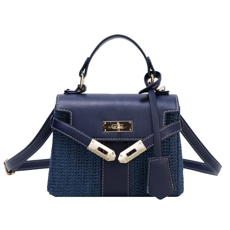 Box Stro Vrouwen Handtassen Rieten Geweven Schouder Crossbody Tassen Chic Lock Pu Zomer Strand Rotan Kleine Flap: blue