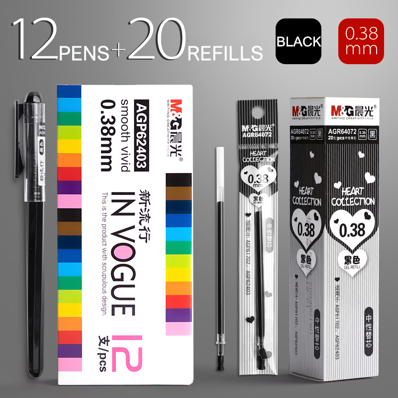M & G – stylo Gel à pointe Ultra Fine, 0.28mm/0.35mm/0.38mm, 12 pièces/boîte, recharge d'encre, noir, bleu, rouge, fournitures de papeterie scolaires et de bureau
