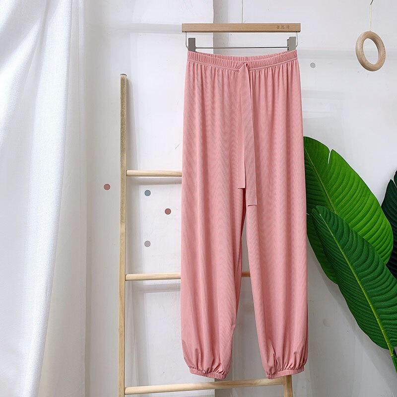 Sanderala-pantalones de dormir de seda de hielo para mujer, ropa interior informal, suelta, con cintura elástica, de punto, con cordón: Pink