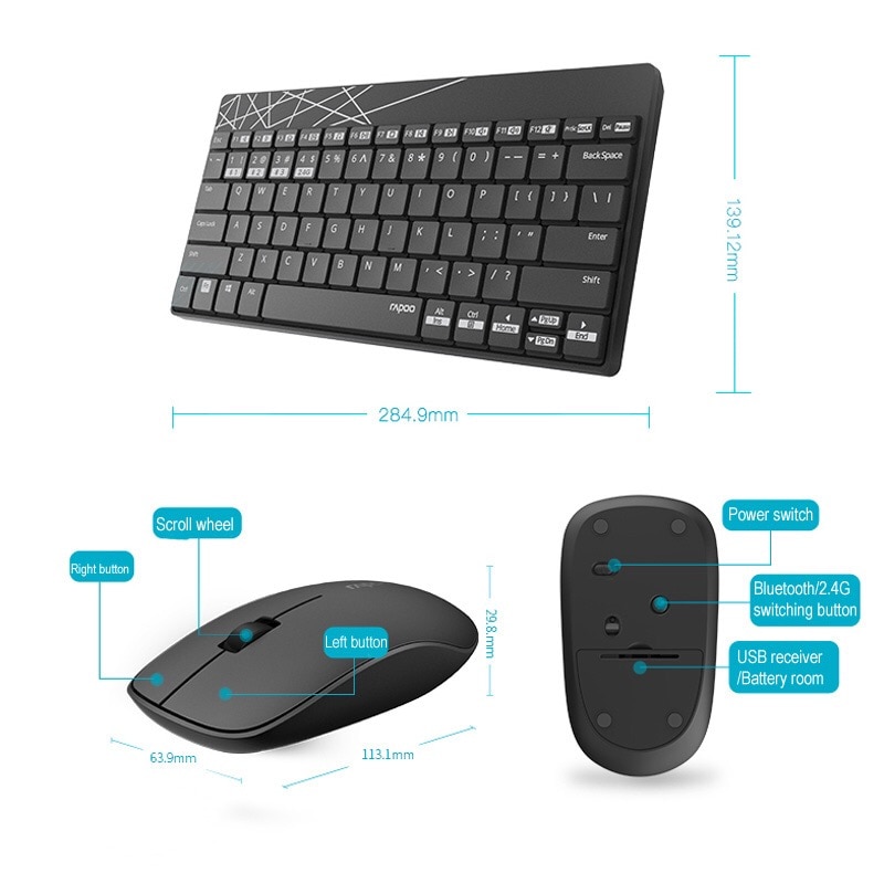 Neue Rapoo 8000M Multi-modus Stille Drahtlose Tastatur Maus Combos Bluetooth 3,0 & 4,0 RF 2,4G schalter zwischen 3 Geräte Verbindung