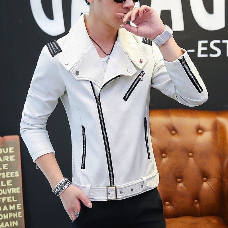 Classic Mens PU Leather Jacket Red White Black Fall Winter Slim Male Faux Leather Motorcycle Coats