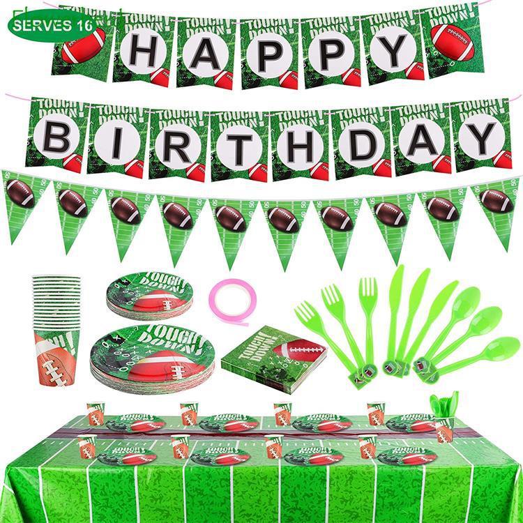Rugby American Football Theme Party Supplies Disposable Dinnerware Set Plates Napkins Cups Knifves Fork Spoon Birthday Party Set