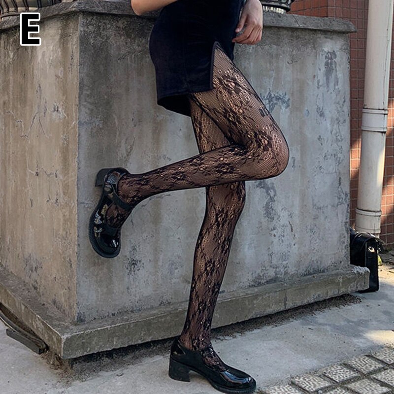 Women Moon Print Hollow Fishnet Mesh Lace Pantyhose Tight Stockings Casual Nightclubs Calcetines Sexy Black Stockings Колготки: E