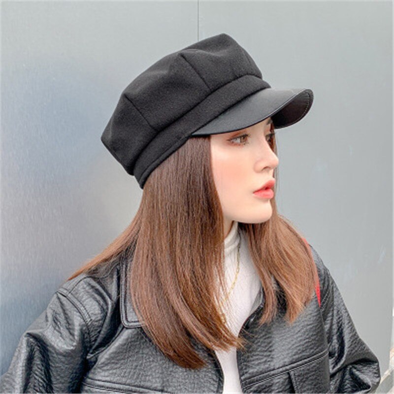 Auutmn Winter Hüte für Frauen Leder Krempe Einfarbig Achteckige Kappe Hüte Damen lässig Wolle Hütte Winter Baskenmütze Weibliche Künstler kappe