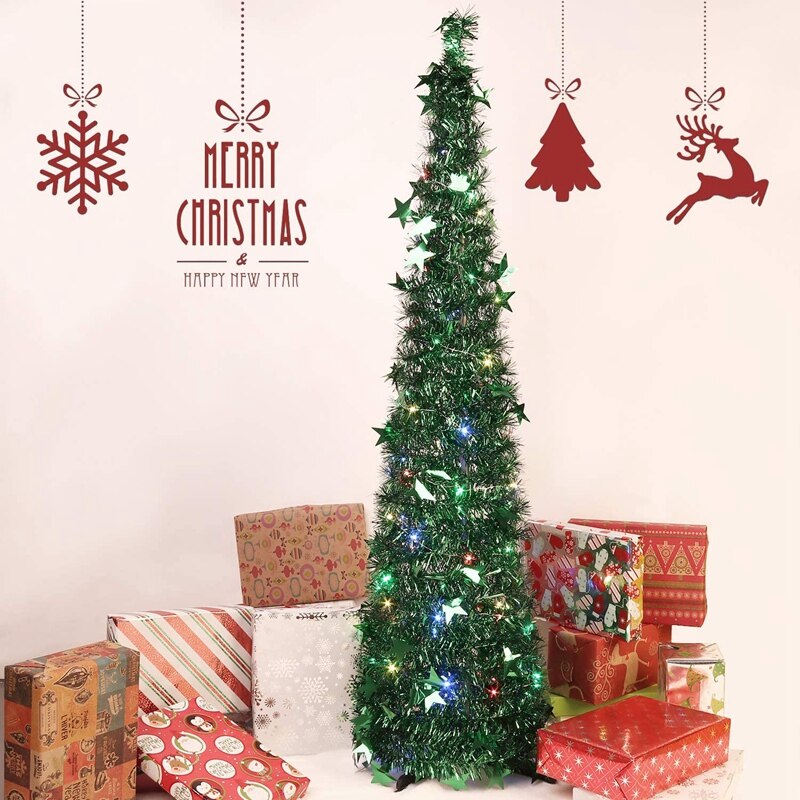 3.94FT Collapsible Christmas Tree Tinsel Xmas Tree Artificial Pencil Sequins Trees for Fireplace Party Decoration