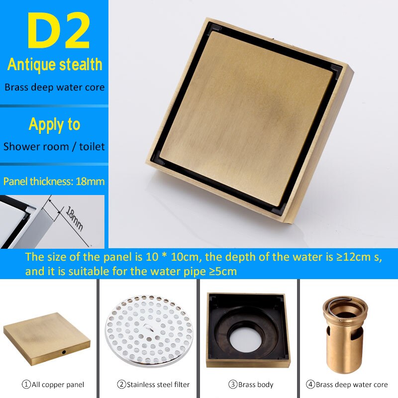 Dreno de assoalho inoxidável, dreno de assoalho quadrado de aço inoxidável para drenagem de piso, canal de drenagem para cozinha do banheiro: D2