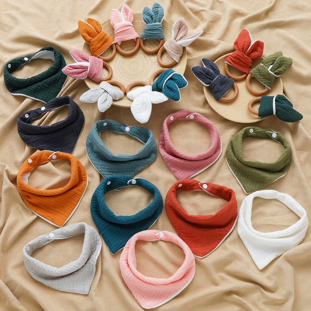 2 Stks/set Baby Jongen Meisje Driehoekige Sjaal Speeksel Tissue Molars Ring Houten Bijtring Set Katoenen Mousseline Slabbetjes Effen Kleur Burp doek