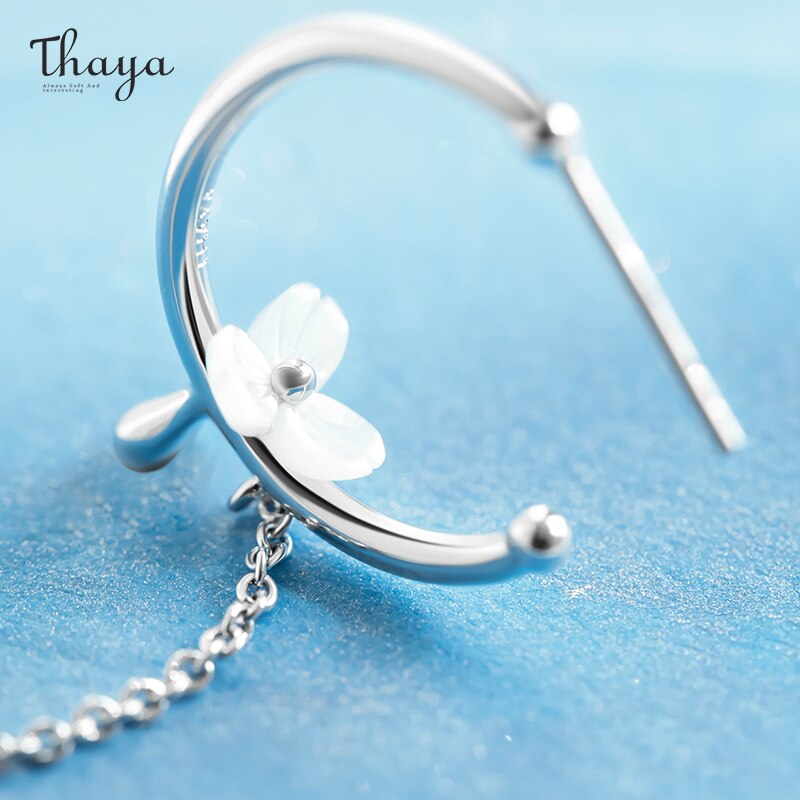 Thaya 925 Zilveren Vrouwen Oorbel Peachblossom Leuke Stud Earring Dangle Chain Party Prachtige Pendientes Fijne Sieraden