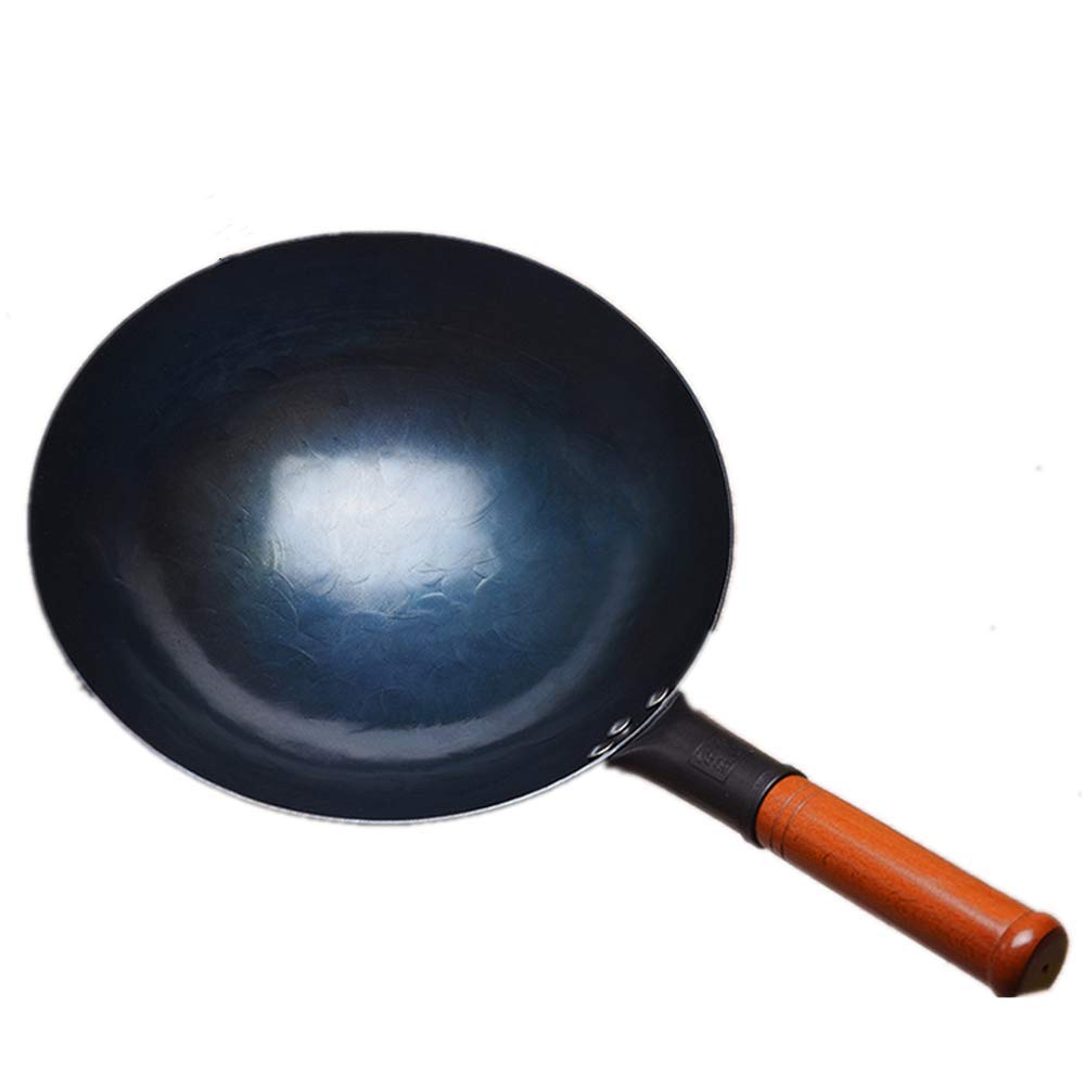 Præ-krydret kulstofstål wok, erhverv kinesisk traditionel håndhamret rørepande med hjælper træhåndtag