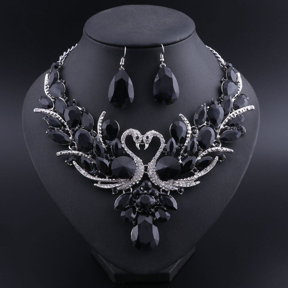 Black Crystal Bridal Sieraden Sets Goud Kleur Zwaan Hanger Ketting Vrouwen Party Bruiloft Prom Ketting Oorbel Accessoires: silver