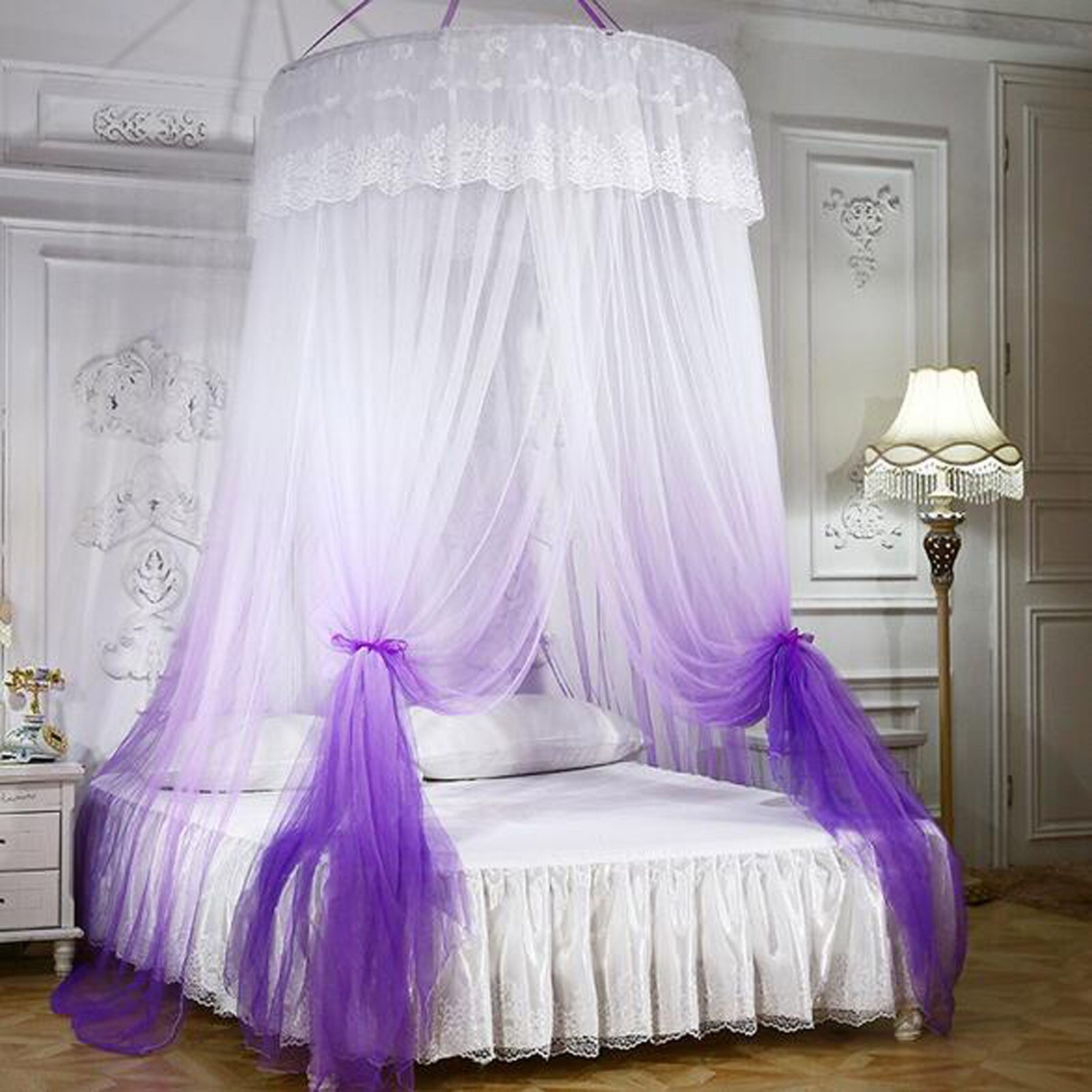 Duży romantyczny kolor gradientowa kopuła komara zasłony kopuła księżniczki z siatką moskitierą kopuła składane łóżko z baldachimem z hakiem # T2: purpurowy