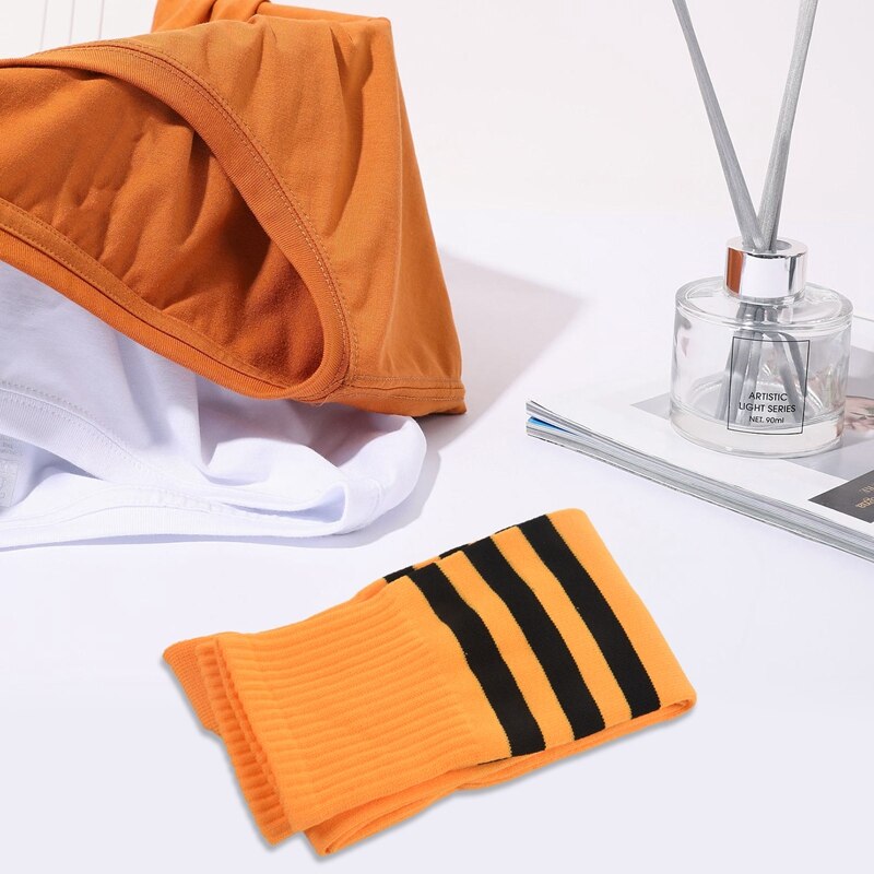 Heren kniehoge gestreepte elastische voetbalsokken oranje zwart paar