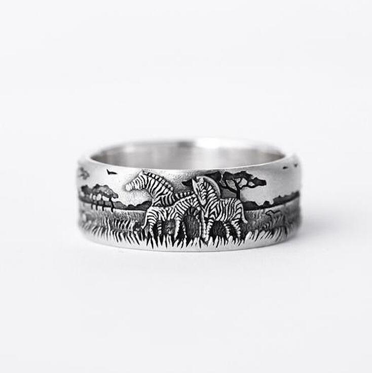 Originale unisex smykker vintage thai sølv prærie zebra udskårne ringe søde dyr hale ring 925 sterling sølv smykker: 7