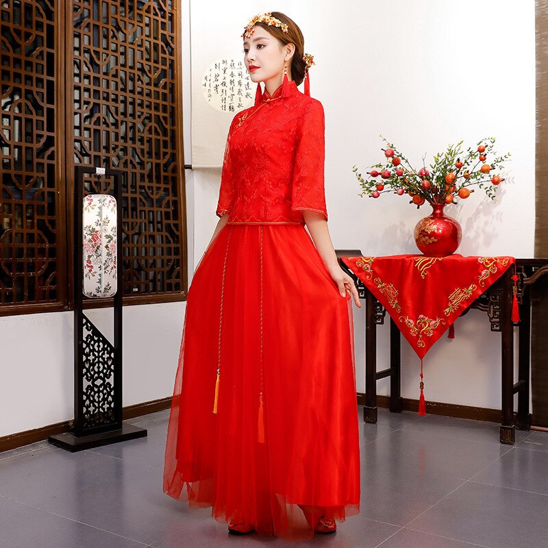 Rode kanten chinese bruid trouwjurk oude vrouwen cheongsam pak grote maat vintage qipao vestidos xs -3xl