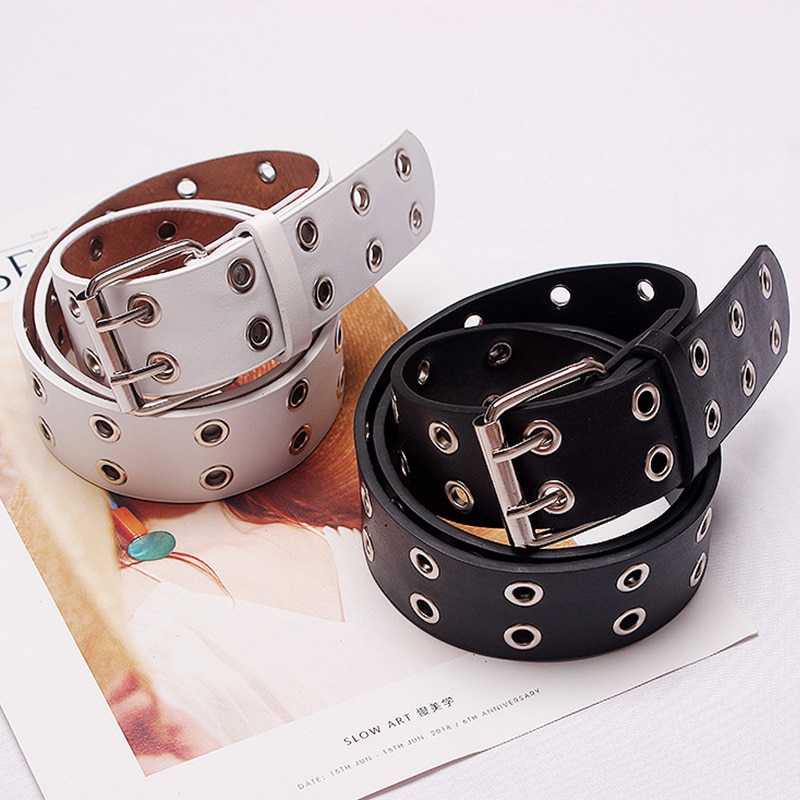 bracelet en polyuréthane femmes Punk chaîne réglable noir Double oeillet oeillet cuir boucle ceinture pour femmes Vintage ceintures